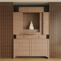 Traditional Wooden Buddhist Shrine Cabinet With Central Buddha Statue And Side Lattice Screens