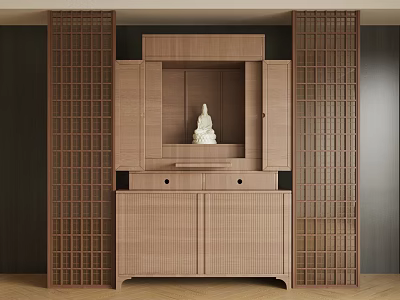 Traditional Wooden Buddhist Shrine Cabinet With Central Buddha Statue And Side Lattice Screens 3d model