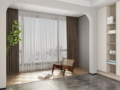 Home Balcony Interior With Large Window Curtains Green Plant Chair Wooden Floor And City View 3d model