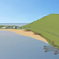 Seaside Post Station With Green Hills Sandy Beach Wind Turbines And Coastal Facilities