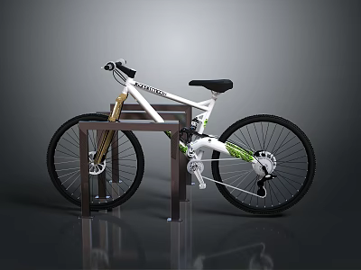 White and Green Mountain Bike Displayed on Wooden Stand with Gray Background 3d model