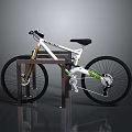 White and Green Mountain Bike Displayed on Wooden Stand with Gray Background