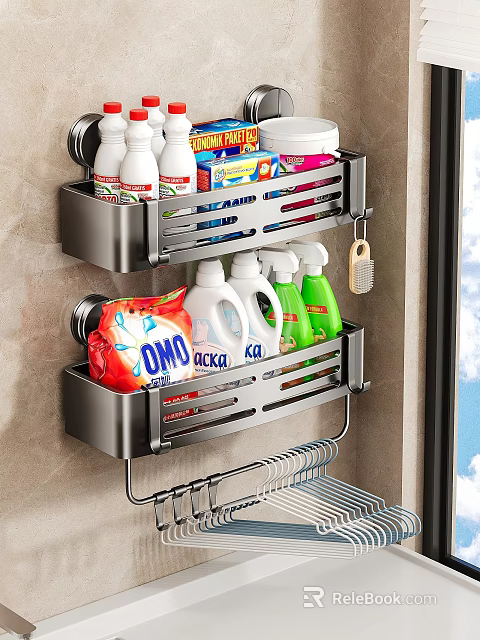 Practical Bathroom Wall Mounted Storage Organizer Rack With Cleaning Supplies And Hanging Hooks 3d model 