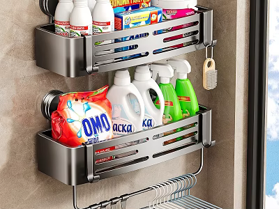 Practical Bathroom Wall Mounted Storage Organizer Rack With Cleaning Supplies And Hanging Hooks 3d model