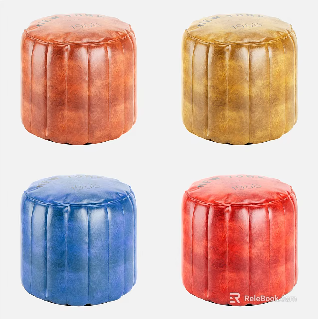 Stylish Round Leather Ottoman Poufs With Four Color Options For Living Room Decor 3d model 