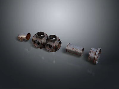 Rusty Metal Equipment Parts Such As Bearings And Connectors Lying On Surface 3d model