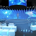 Modern Stage Design With Curved Seats Blue Starry Background And Whale Lighting