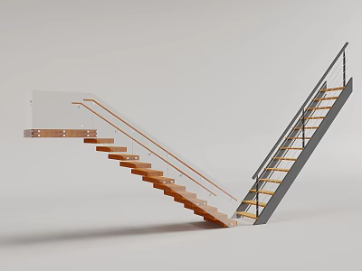 Modern Staircase Design With Wooden Steps Glass Railing And Metal Frame 3d model