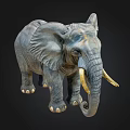 Realistic Gray Elephant With Long Curved Tusks Standing On Black Background