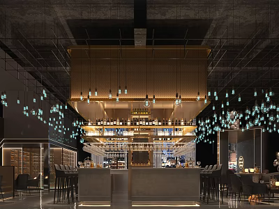 Modern Bar Interior Design With Hanging Lights Bar Counter And Seating 3d model