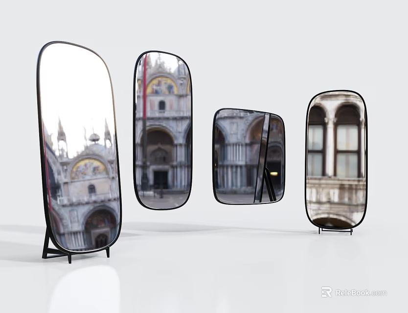 Different Shaped Mirrors Reflecting Historic Venice Architecture in Modern Interior 3d model 