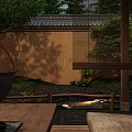 Traditional Japanese Café with Courtyard Wooden Design Stone Path Green Plants Sofas and Serene Atmosphere