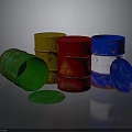 Colored Metal Drums Including Open Green Barrel and Detached Yellow Red Blue Lids
