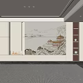 Modern Luxury Beige Sofa Backdrop Wall With Chinese Landscape Painting Built-in Fireplace And Wooden Bookshelves