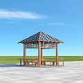 Wooden Pergola With Tile Roof And Benches In Outdoor Grassland Paved Area