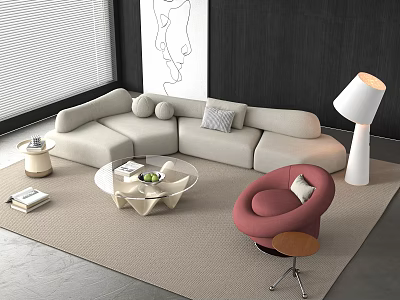 Modern Beige L shaped Sofa and White Coffee Table Set with Pink Chair and Floor Lamp 3d model