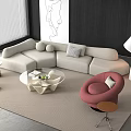 Modern Beige L shaped Sofa and White Coffee Table Set with Pink Chair and Floor Lamp