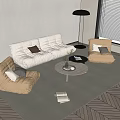 Modern White Sofa and Round Coffee Table Set with Beige Chairs Floor Lamp and Rug