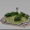 Scenic Octagonal Park Area With Green Grass Bushes Street Lamp And Benches