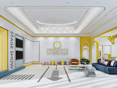Bright Kindergarten Indoor Design With Yellow Accents Chandelier Stage Area And Colorful Seats 3d model