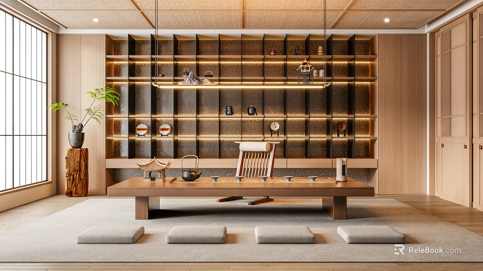 Traditional Wooden Tea Room Interior With Shelves Tea Sets Tatami Mats And Warm Lighting 3d model 