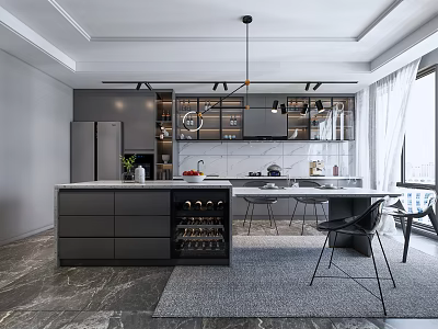 Modern Restaurant Open Kitchen Area With Island Counter Dining Table Pendant Lights And Gray Cabinets 3d model