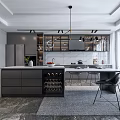 Modern Restaurant Open Kitchen Area With Island Counter Dining Table Pendant Lights And Gray Cabinets