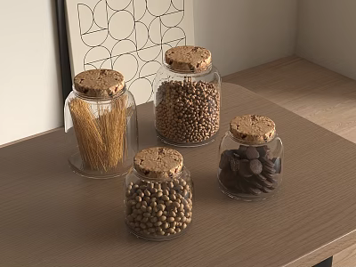 Glass Spice Jars with Cork Lids Containing Spices Beans and Pasta on Wooden Table 3d model