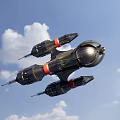 Sci Fi Spaceship With Black Red Details Flying In Blue Sky With White Clouds