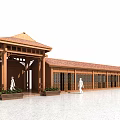 Traditional Commercial Street With People Around Wooden Structure Red Roof Open Porch And Plants