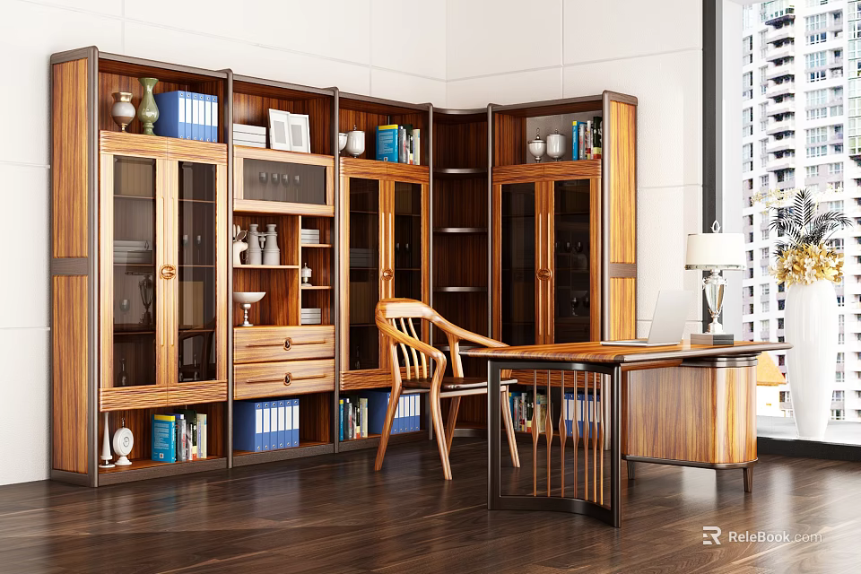 Modern Wooden Desk In Study Room With Glass Door Bookcases And Decorative Items 3d model 