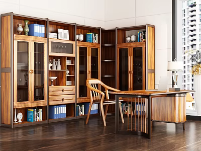 Modern Wooden Desk In Study Room With Glass Door Bookcases And Decorative Items 3d model