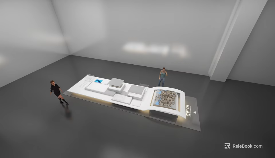 Empty white room gray floor long display stand with items two people nearby 3d model 