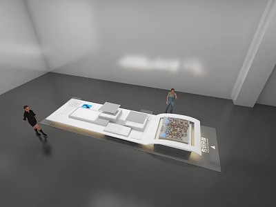 Empty white room gray floor long display stand with items two people nearby 3d model