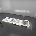 Empty white room gray floor long display stand with items two people nearby