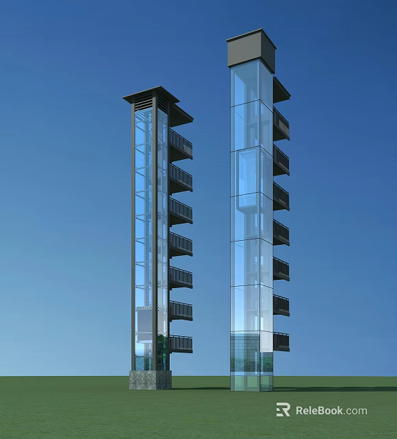 Tall Glass Elevator Towers With Multiple Floors And Blue Sky Background 3d model 