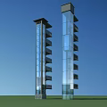 Tall Glass Elevator Towers With Multiple Floors And Blue Sky Background 3d model