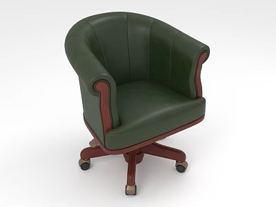 Green Leather Office Chair With Wooden Armrests And Rolling Wheels Base 3d model