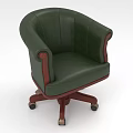Green Leather Office Chair With Wooden Armrests And Rolling Wheels Base