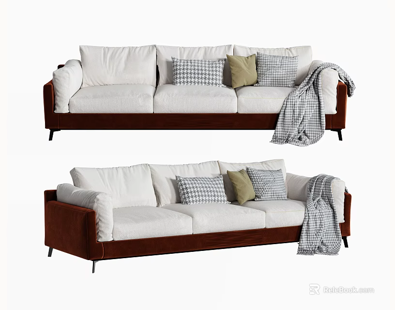 Modern Three Seater Sofa With White Cushions Brown Frame And Checkered Pillows 3d model 