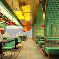 Crab Themed Restaurant Interior With Green Archway Red Crab Lamps And Yellow Neon Signs