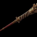 Detailed Ornate Scepter Weapon with Golden Decorations Carvings Red Wooden Shaft and Golden Sphere Top