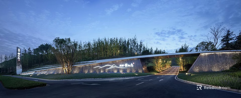 Modern Entrance With Curved Road Trees And Wave Pattern Wall Lighting 3d model 