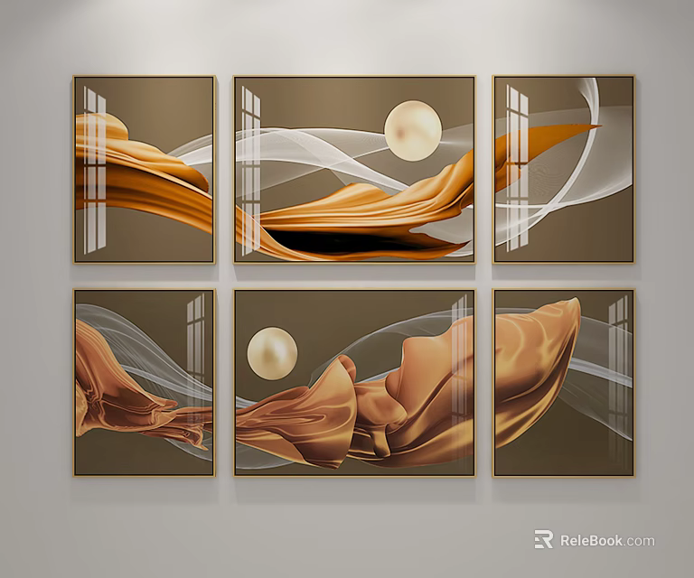 Six Panel Abstract Wall Art With Golden Flowing Lines And Circular Sphere Design 3d model