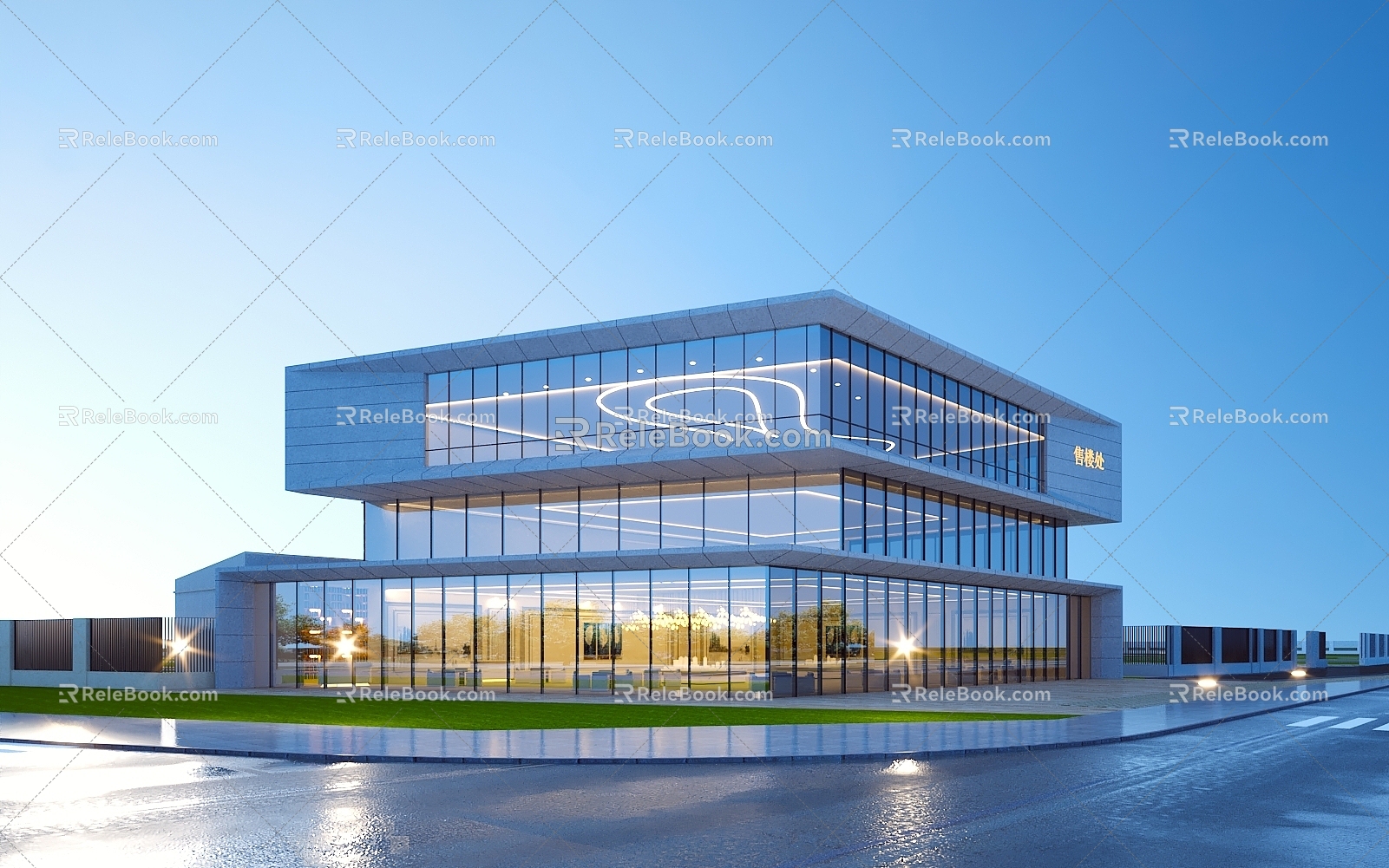 Sales Office Building Club Night Scene Demonstration Area Museum Office Building Commercial Street Shopping Mall Automobile Street Light Hedge Shrub Wood Frame Tree Ceiling 3d model