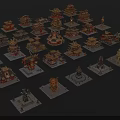 Traditional Architectural Models Including Pagodas Pavilions Palaces Arranged On Square Bases