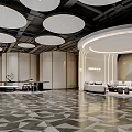 Luxurious Grand Hall Interior Design With Circular Gold Trim Lights Brown Bar And Geometric Flooring