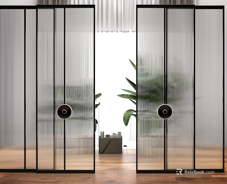 Modern Glass Room Divider With Vertical Stripes Black Frame Round Handles And Plants In Interior 3d model 