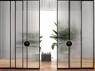 Modern Glass Room Divider With Vertical Stripes Black Frame Round Handles And Plants In Interior 3d model