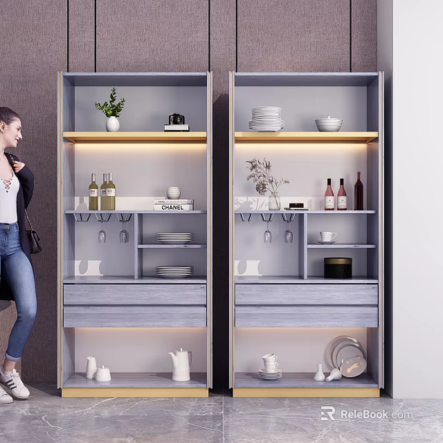 Modern Light Gray Wine Cabinet With Shelves for Wine Bottles Cups Dishes and Decor 3d model 